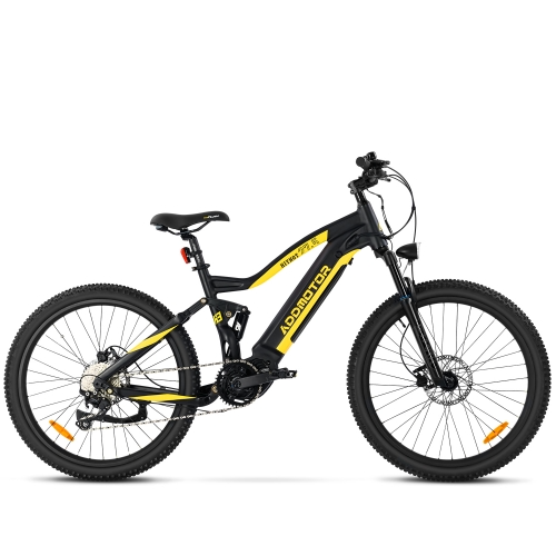 Addmotor - Hithot H3 electric full suspension mountain ebike with a black and yellow color scheme.
