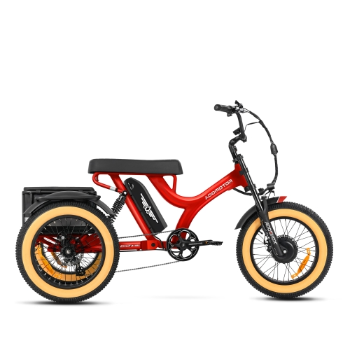 Red and black Addmotor - Herotri M-365X etrike with a rear storage box and fat tires against a white background, featuring dual shock design.