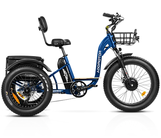 An Addmotor - Grandtan eTrike M340 - Starry Blue electric tricycle with a basket.