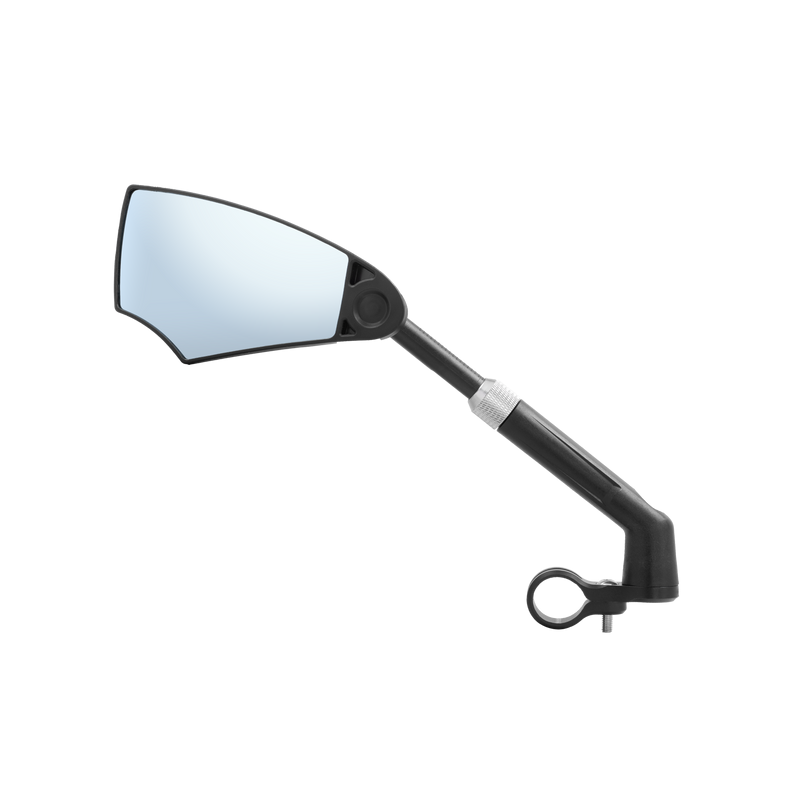 A black, adjustable-angle Velotric Left Mirror with a reflective rectangular surface and mounting clamp, designed for road safety, shown against a white background.