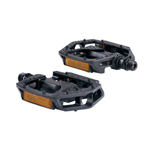 A pair of black Pedal Set bicycle pedals from Tampa Bay eBikes, featuring orange reflectors, a rugged metal body, and a 9/16 cage design.