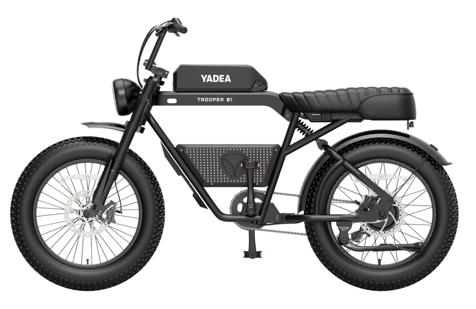 A Yadea - Trooper 01 electric motorcycle with fat tires is shown against a black background.