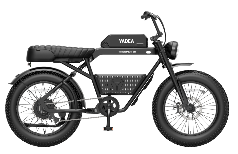 The Yadea - Trooper 01 electric motorcycle with a high-power motor is shown against a black background.
