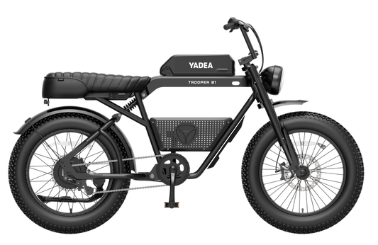 The Yadea - Trooper 01 electric motorcycle with a high-power motor is shown against a black background.