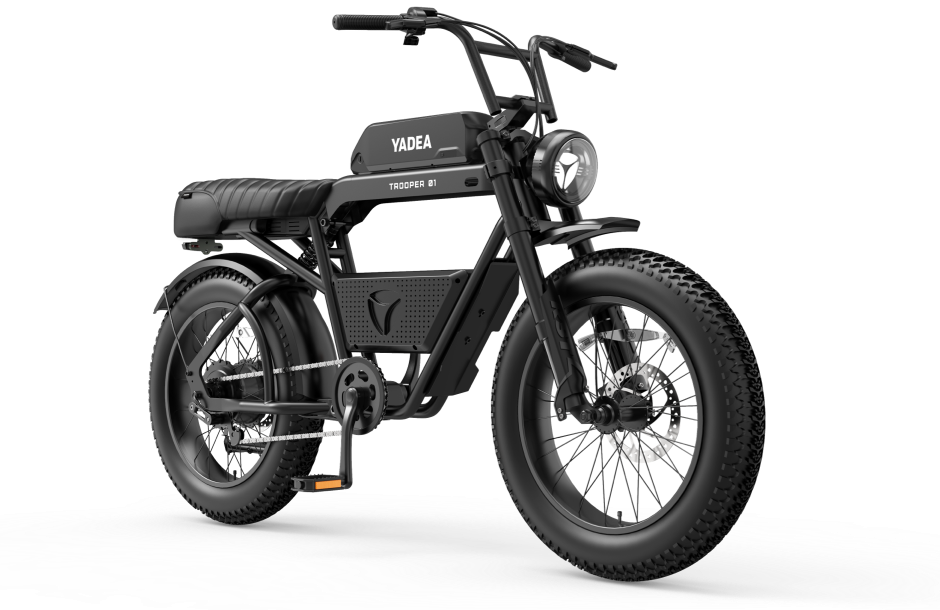 A black Yadea - Trooper 01 electric motorcycle with fat tires on a white background.