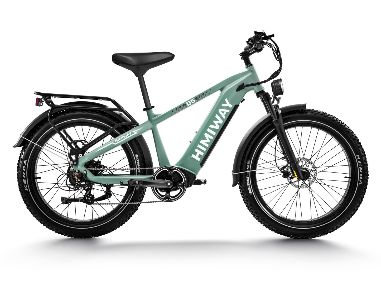 A Himiway D5 electric fat bike with thick tires, a rear rack, and disc brakes is shown in a side view against a white background, designed for all-terrain adventures.