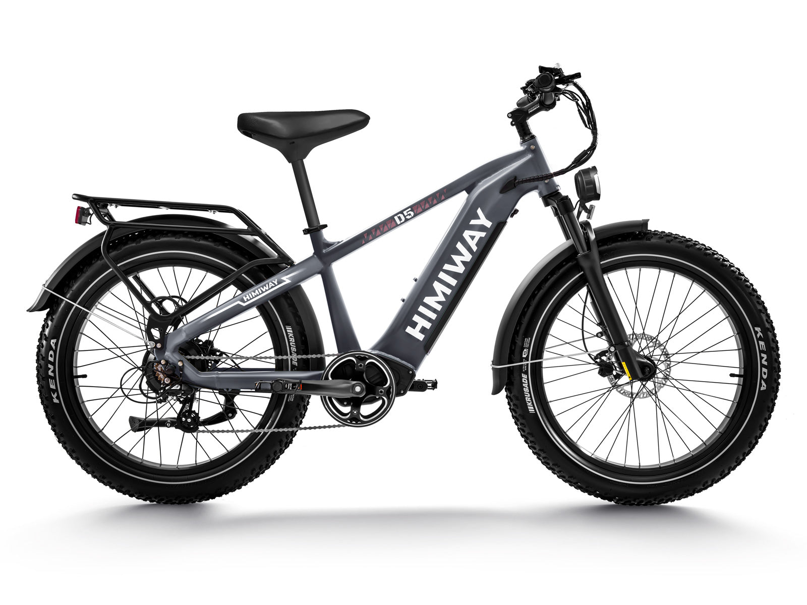 Side view of a black Himiway D5 electric fat bike featuring rugged fat tires, a rear rack, and front suspension, ideal for all-terrain adventures in Tampa Bay.