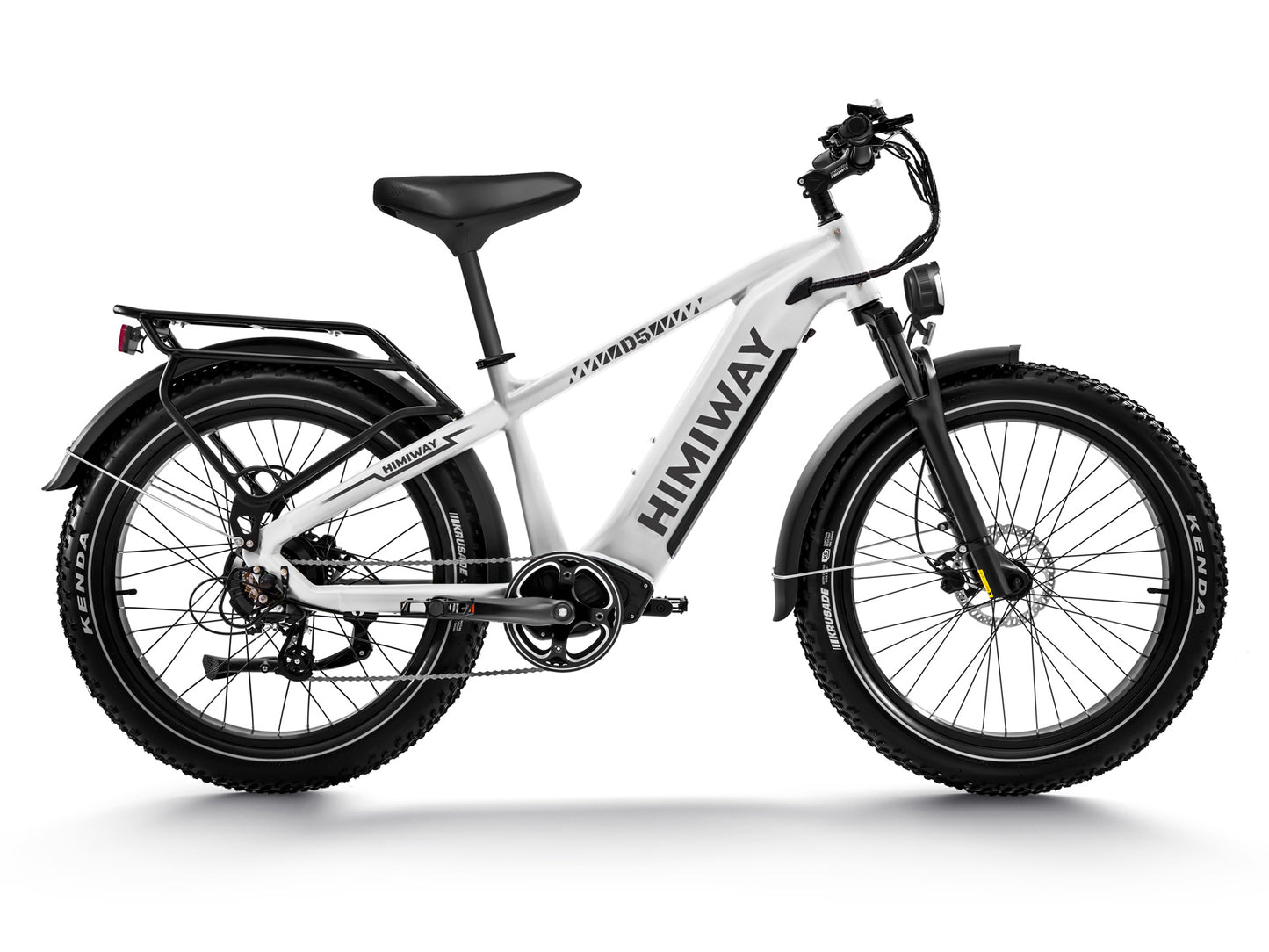 The white Himiway D5 electric bicycle is an all-terrain fat bike with a wide seat, rear rack, and large black tires, ideal for cruising through Tampa Bay.