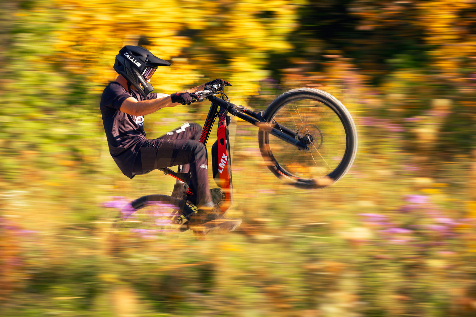 A person wearing protective gear performs a wheelie on an LMX - 64 mountain bike equipped with pedal assistance in a blurred outdoor setting with vibrant yellow flowers and greenery in the background.