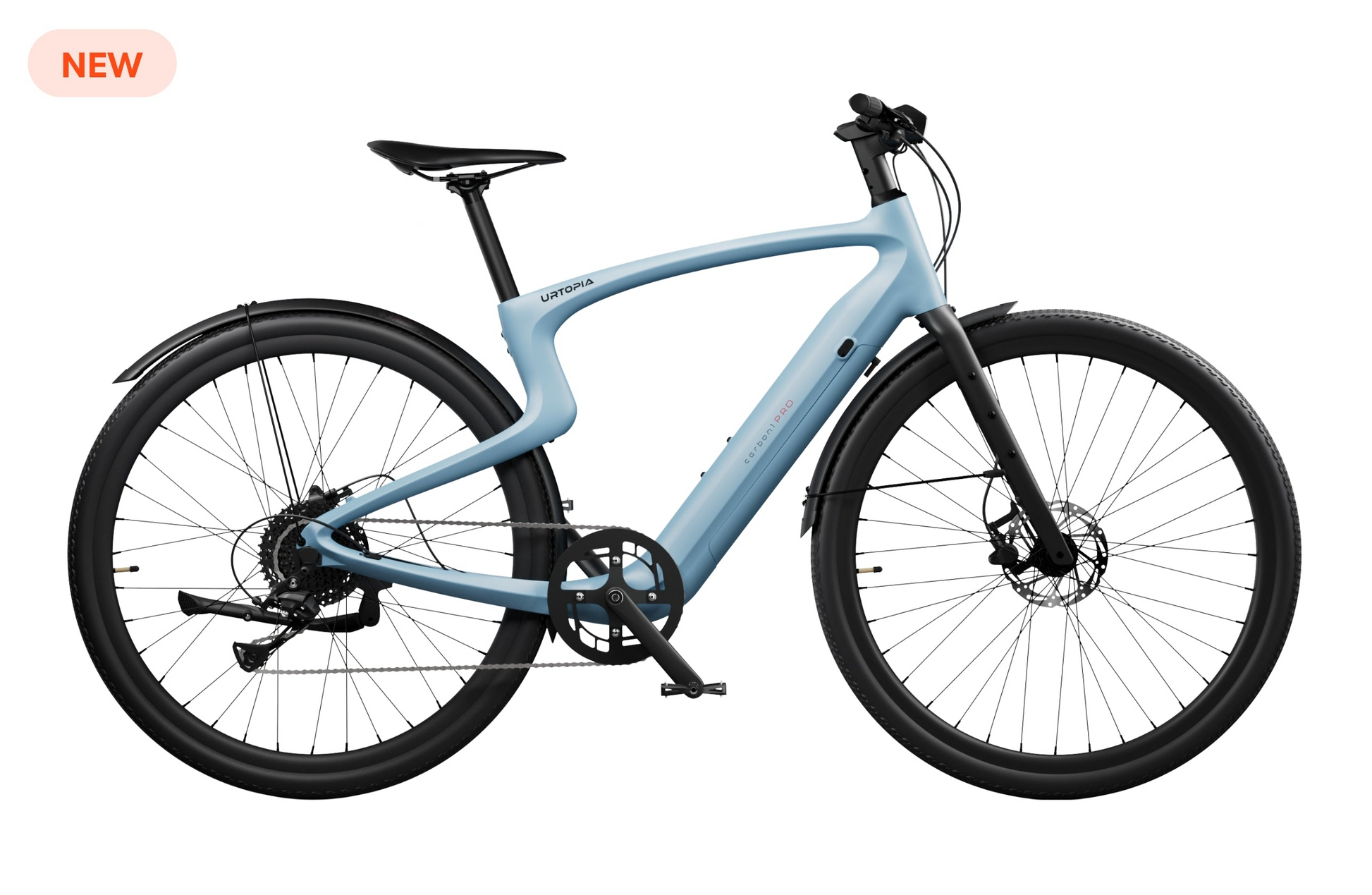 The Urtopia - Carbon 1 Pro, a modern electric bike from Urtopia, features a sleek blue carbon fiber frame, black tires, and disc brakes, providing an exceptional lightweight riding experience.