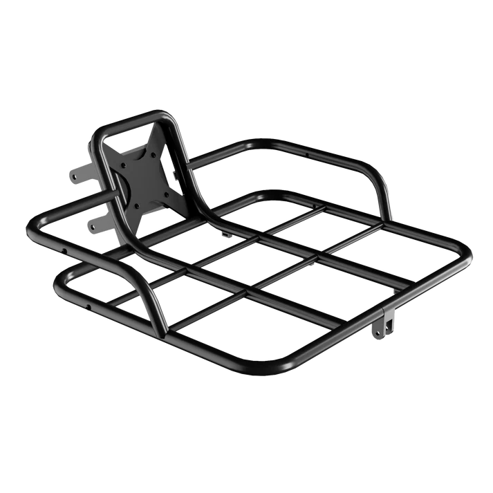The Urtopia Front Rack - Joy Carbon by Urtopia is a sturdy black metal cargo rack with a grid pattern and mounting plate, designed for secure attachment to your bicycle or eBike.