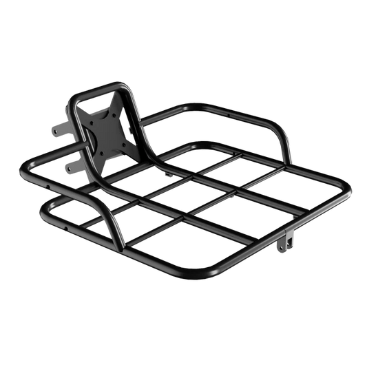 The Urtopia Front Rack - Joy Carbon by Urtopia is a sturdy black metal cargo rack with a grid pattern and mounting plate, designed for secure attachment to your bicycle or eBike.