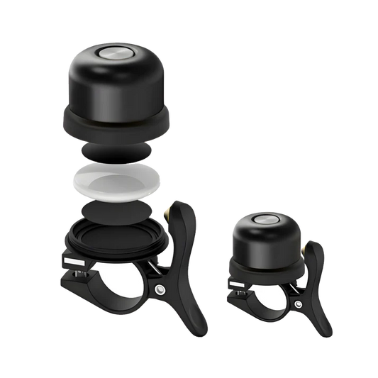 An exploded view of the Urtopia AirTag Kit, a black bicycle bell by Urtopia designed to hide an AirTag for eBike security, is displayed next to a fully assembled bell on a white background.