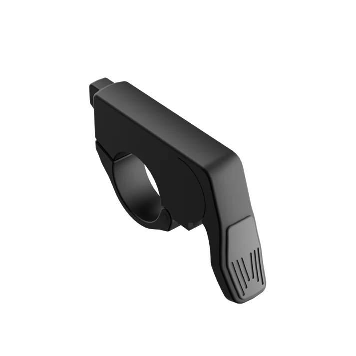 The Urtopia - Throttle - Fold ST by Urtopia is a black electronic thumb throttle for electric bicycles, featuring a rectangular body, textured thumb pad for quick acceleration, and a handlebar clamp, displayed against a plain background.