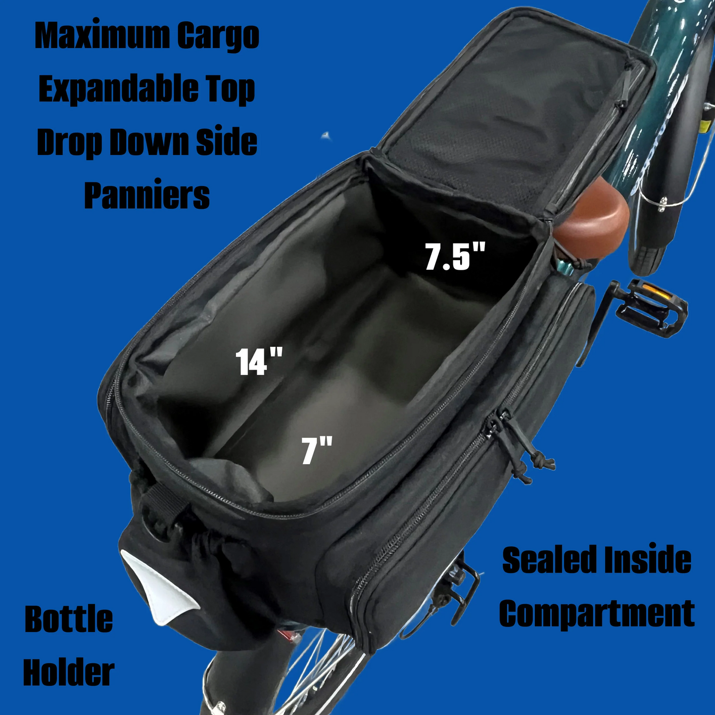 The Bikase Bag - Big Poppa MIK features an expandable top, drop-down side panniers, and a sealed waterproof compartment. With dimensions of 14" x 7" x 7.5", it also includes a convenient bottle holder for ride essentials.