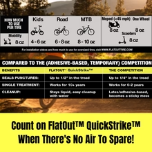 Chart comparing Multi Seal’s FlatOut - QuickStrike Small Tire 16oz to competitors, highlighting benefits such as sealing punctures up to 1/2 inch in the tread with Kevlar fibers and featuring no-latex, water cleanup. Slogan: "Count on FlatOut QuickStrike™".