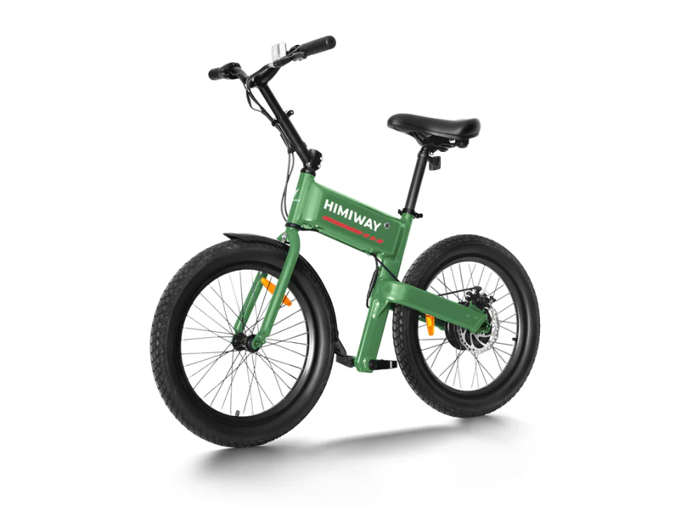 The Himiway Pony, a green mini e-bike by Himiway, features thick tires, upright handlebars, a cushioned seat, compact design, and a powerful 300W motor, displayed on a white background.