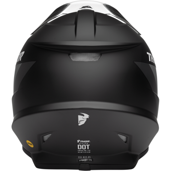 Rear view of the Thor Sector Helmet - Runner MIPS in Black/White by Thor, displaying white graphics, ventilation ports, and visible certification labels—a stylish motocross helmet designed for safety and performance.