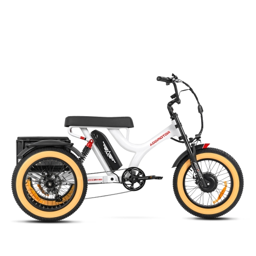 Addmotor Electric cargo bike with white frame and black storage compartment, featuring a dual shock design, displayed on a white background.