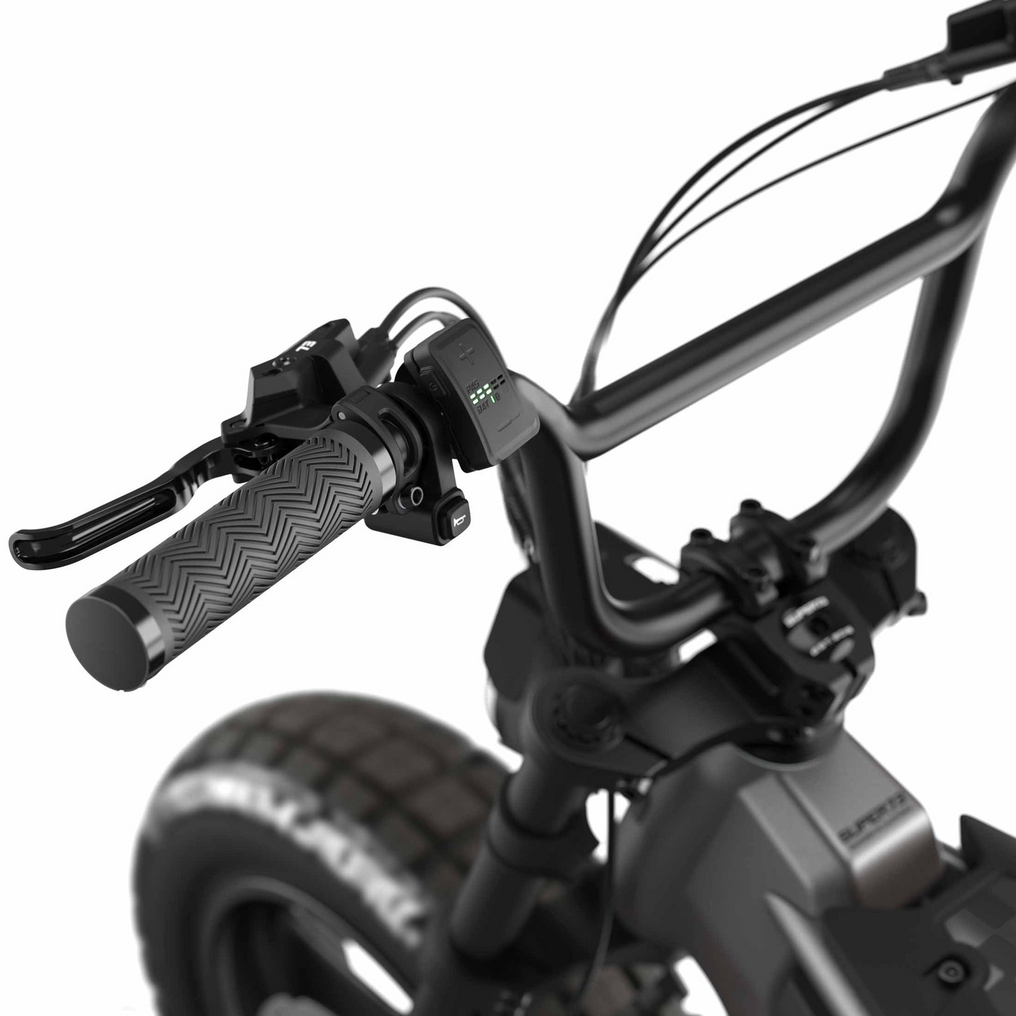 Close-up of a Super 73 - MZFT electric bike handlebar by Super 73, featuring a textured grip, brake lever, display screen, and thick front tire, showcasing its moto-inspired eBike design.