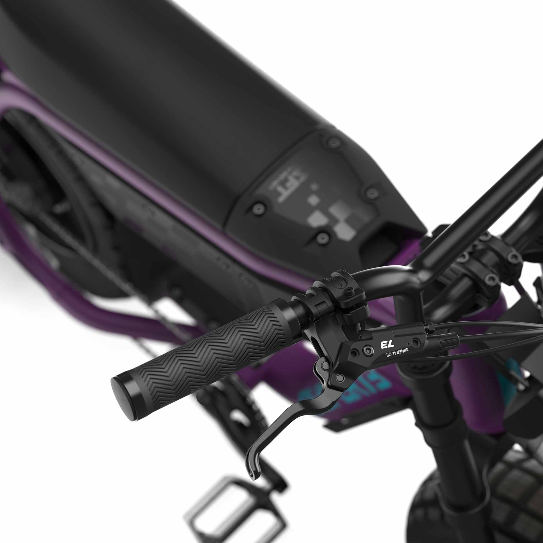 Close-up of the Super 73 - MZFT eBike’s moto-inspired handlebar, brake lever, and display screen, plus frame, pedal, and battery details in a bold purple and black design by Super 73.