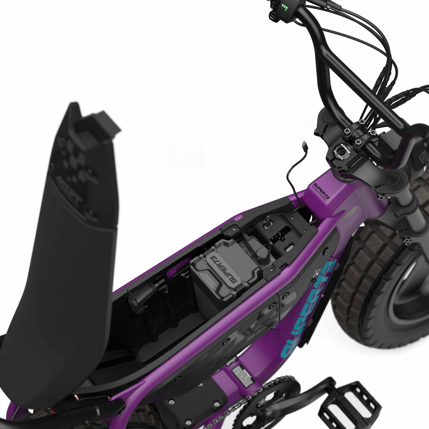 A close-up of the Super 73 - MZFT eBike by Super 73 in purple, with its seat lifted to show the battery compartment and internal wiring.