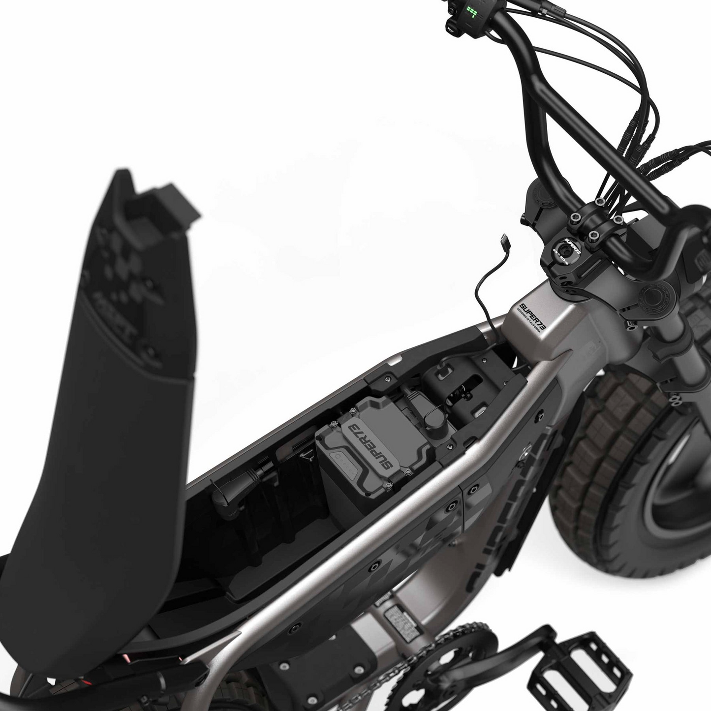 A close-up of the Super 73 - MZFT by Super 73, a moto-inspired eBike, shows its seat lifted to reveal the battery compartment and inner components—ideal for urban electric bike enthusiasts.
