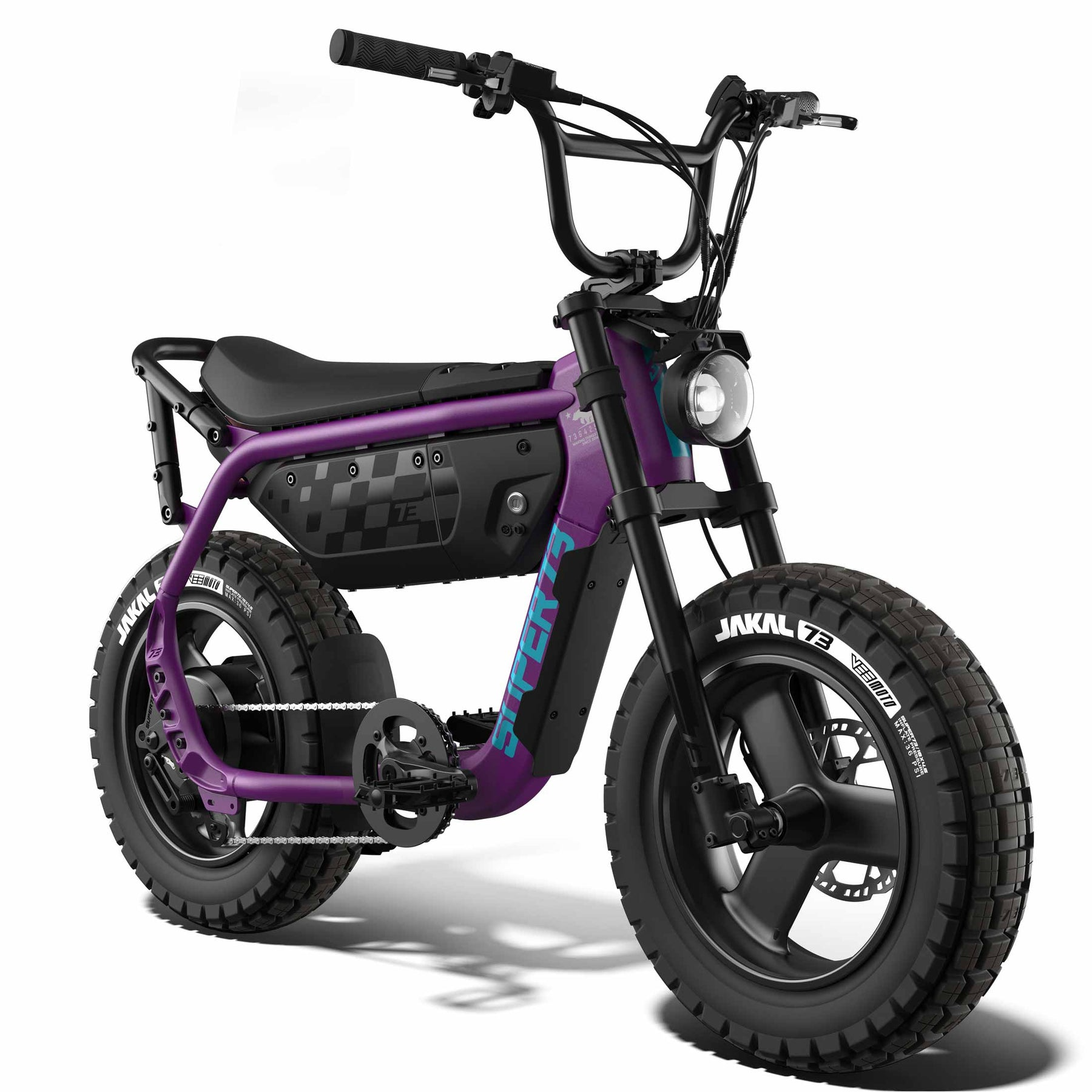The Super 73 - MZFT by Super 73 is a compact, moto-inspired eBike featuring a purple and black frame, thick off-road tires, a single seat, and handlebars with rearview mirrors.