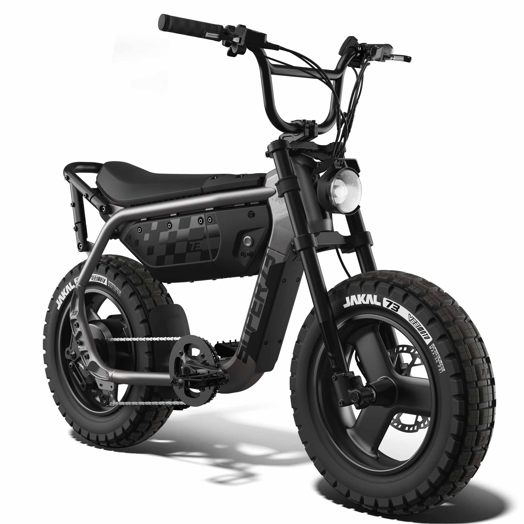 The Super 73 - MZFT by Super 73, featuring chunky tires, a padded seat, and high handlebars, is photographed against a white background.