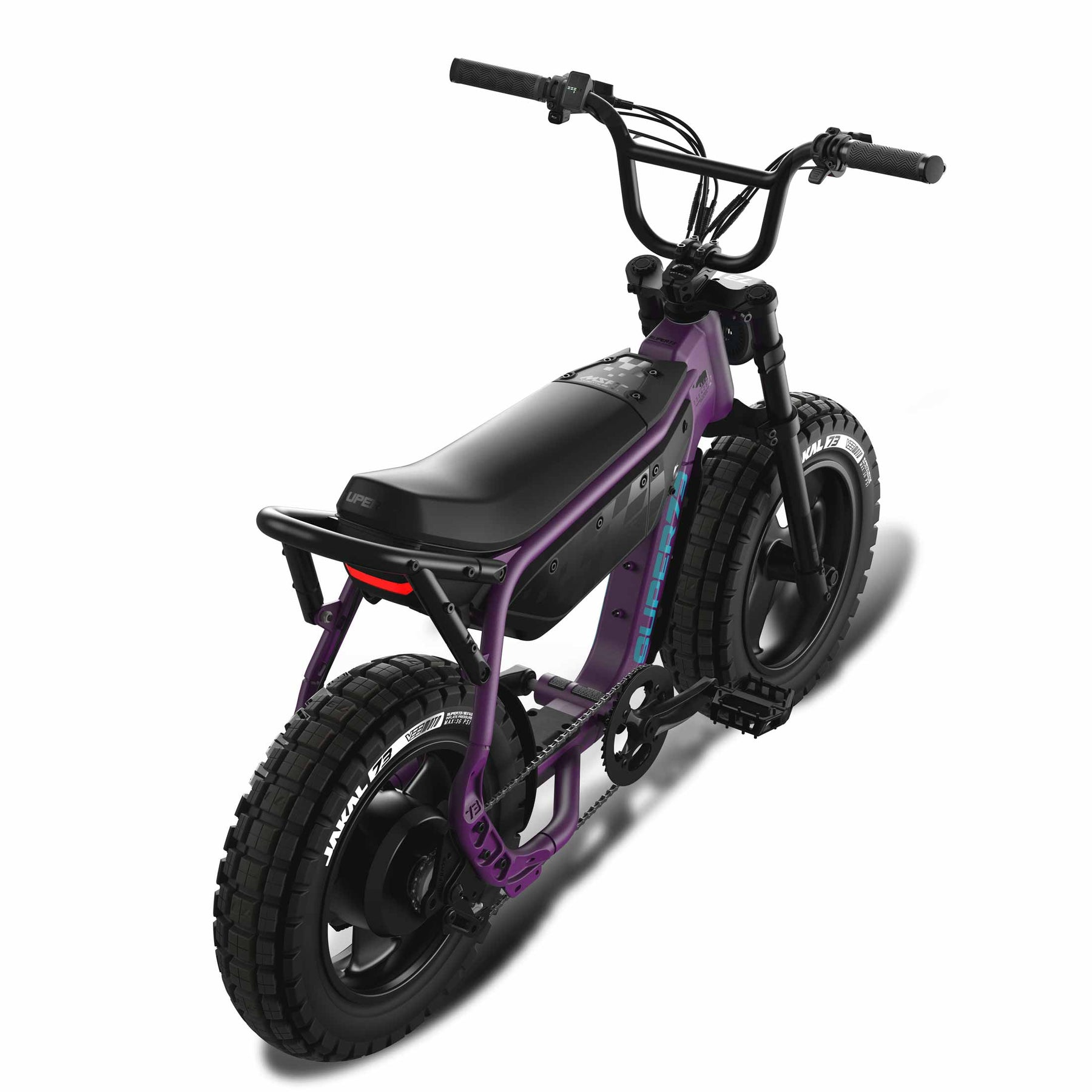 The Super 73 - MZFT by Super 73 is a matte purple electric bike with thick tires, black seat, pedals, and handlebars, shown from a rear three-quarter angle on a white background.