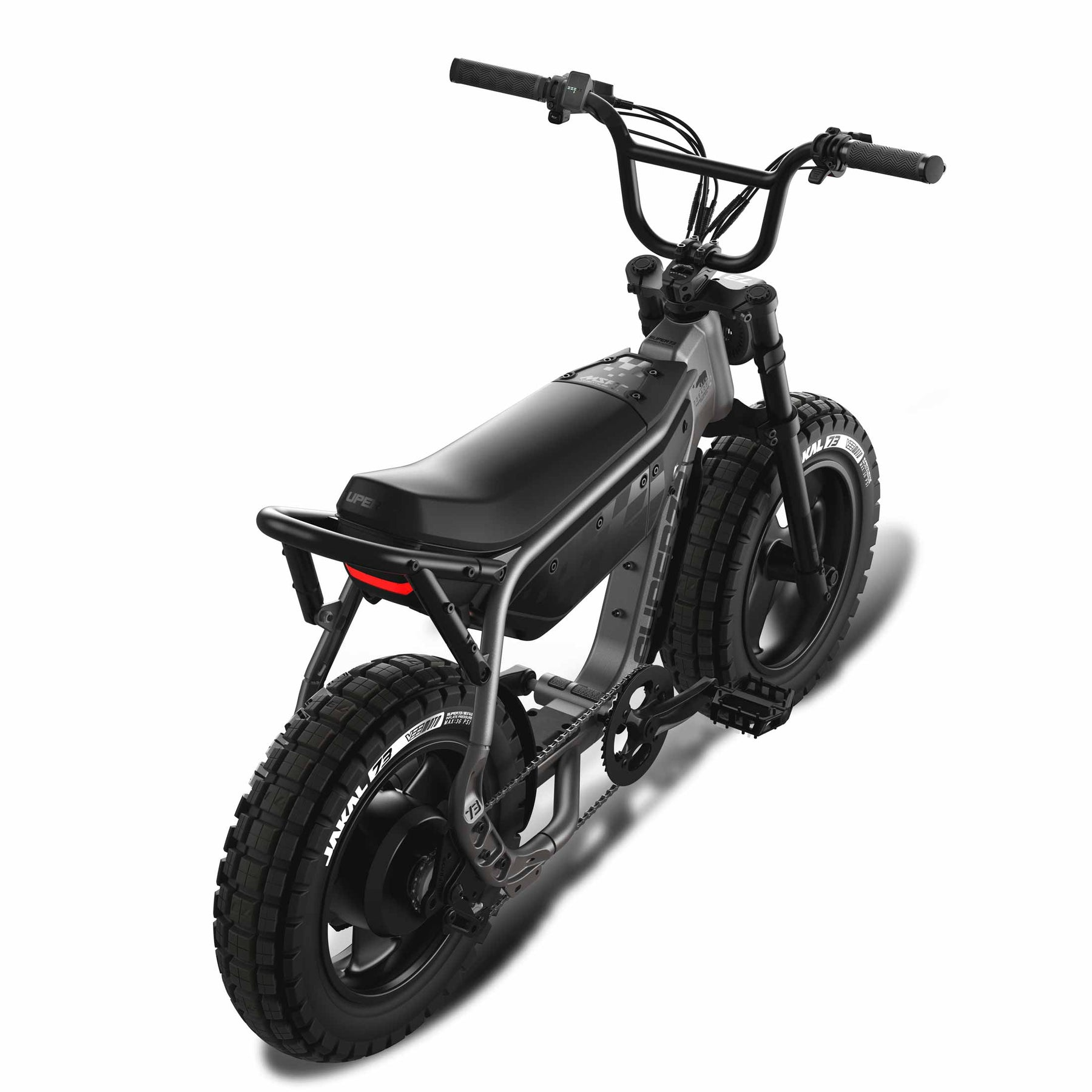 The Super 73 - MZFT by Super 73 is a matte black, moto-inspired eBike featuring thick tires, a long bench seat, rear rack, and upright handlebars, shown at a three-quarter rear angle on a white background.