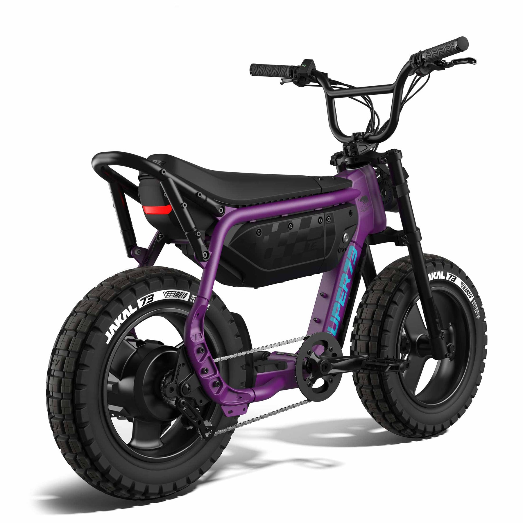 The Super 73 - MZFT by Super 73 is a purple moto-inspired eBike with chunky tires, black seat, pedal chain, and handlebars, shown from a rear side angle against a white background.