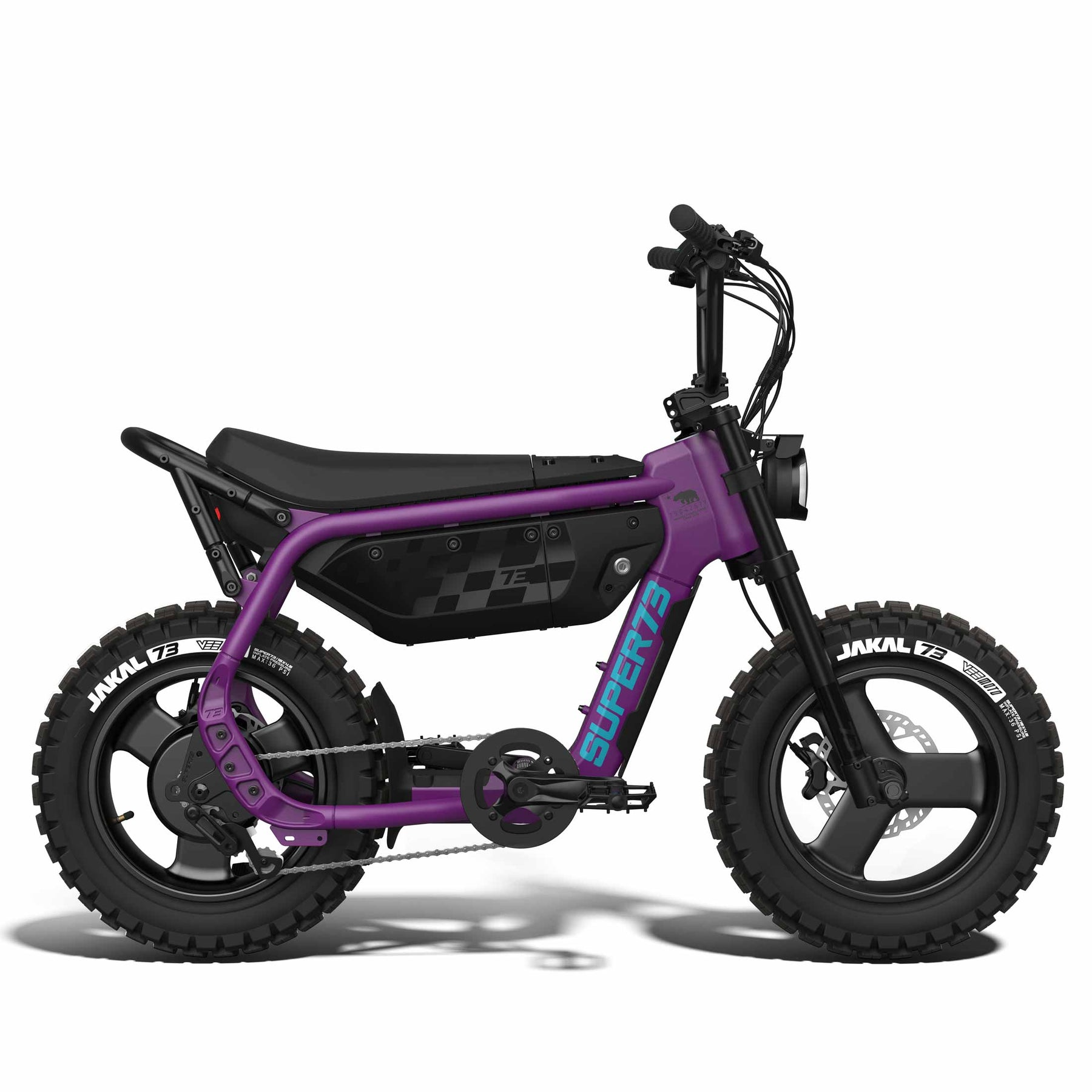 A Super 73 - MZFT electric bike in purple, featuring chunky tires, a black seat, and "Super 73" branding on the frame, shown from the side against a white background.