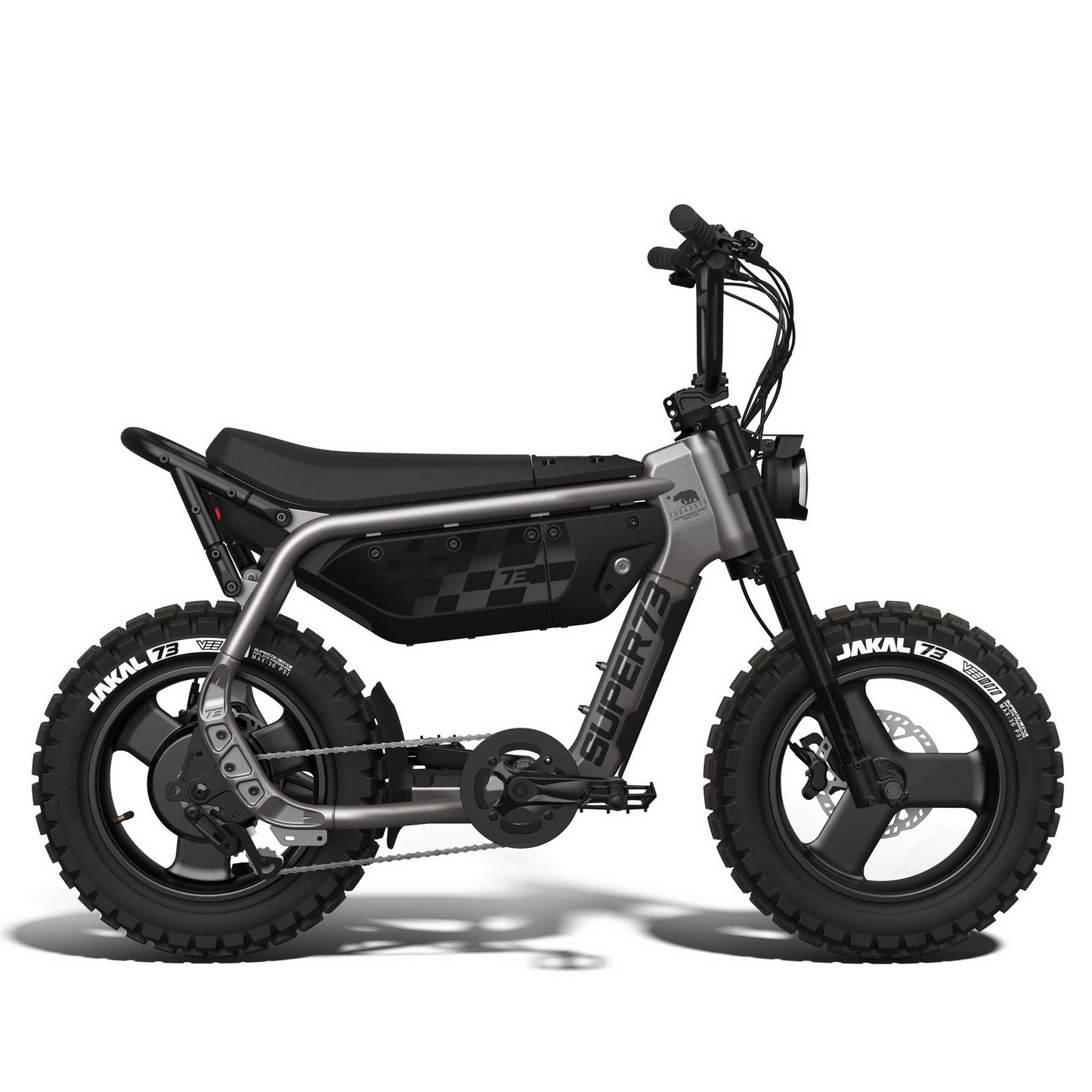The Super 73 - MZFT by Super 73 is a matte black, moto-inspired eBike featuring thick off-road tires, a low seat, and a minimal frame, shown in profile against a white background.