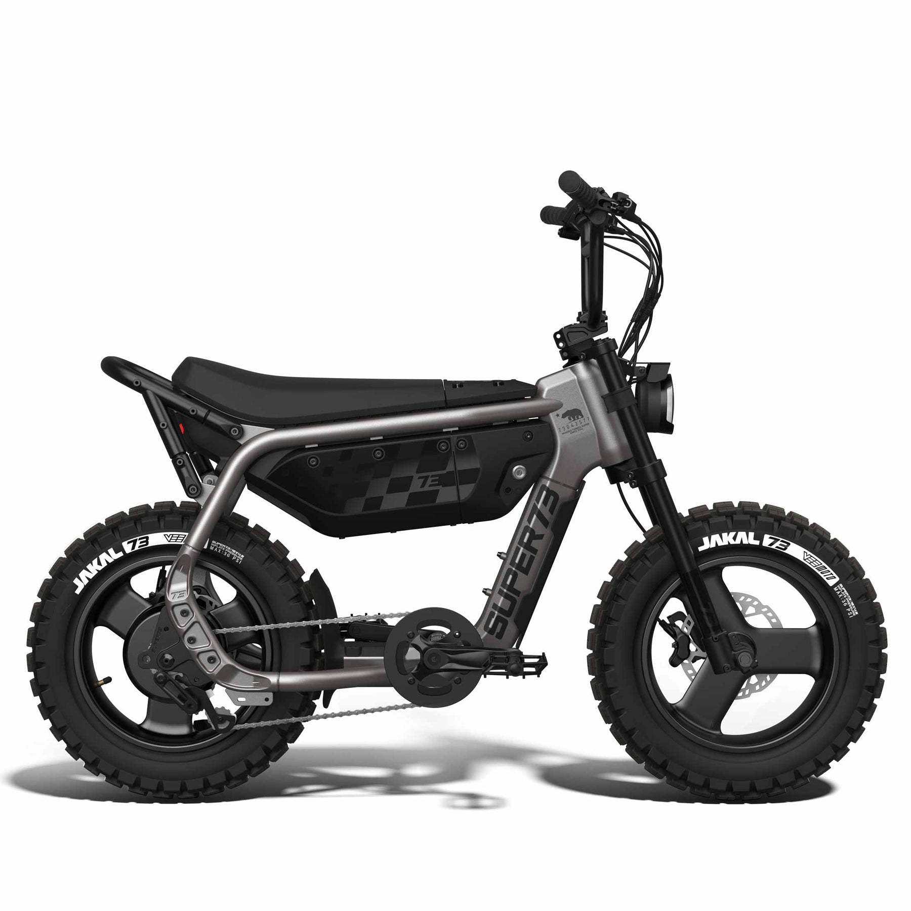 The Super 73 - MZFT by Super 73 is a matte black, moto-inspired eBike featuring thick off-road tires, a low seat, and a minimal frame, shown in profile against a white background.