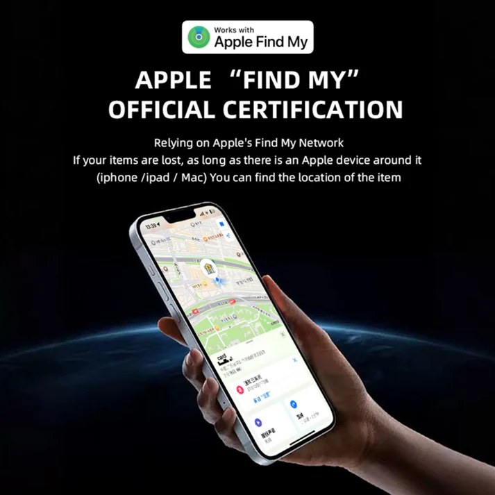 A hand holds an iPhone displaying a map with a location pin and Apple Find My app; text above promotes official Apple "Find My" certification and highlights Urtopia - AirTag Kit compatibility for enhanced eBike security.