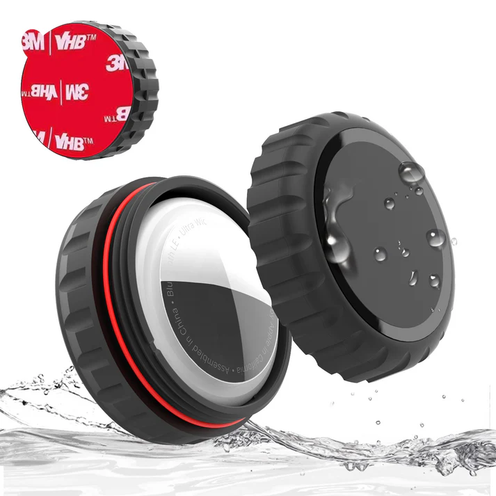 Urtopia AirTag Kit: Black waterproof camera lens cover with a clear dome and red 3M VHB pad by Urtopia, shown against a white background with splashing water. Compatible with eBike tracking.