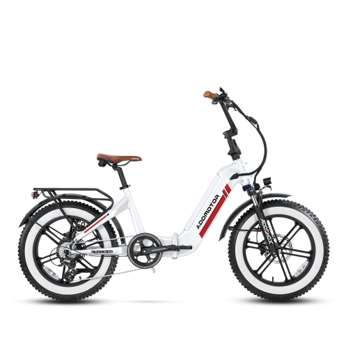 Addmotor - Foldtan M-160: White folding electric bicycle with a built-in battery pack on a white background.