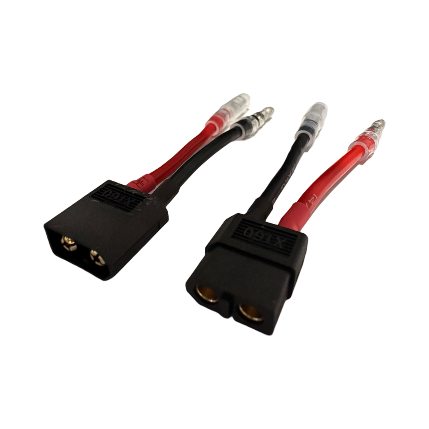 The ElectricAllWheel DateX2 Dx2 30A (60A MAX) Universal Dual Battery Dual Output Discharge Balancer Kit (Bullet, T-Plug, XT60) includes red and black XT60 connector cables with metal bullet connectors, perfect for plug-and-play kit or e-bike batteries.
