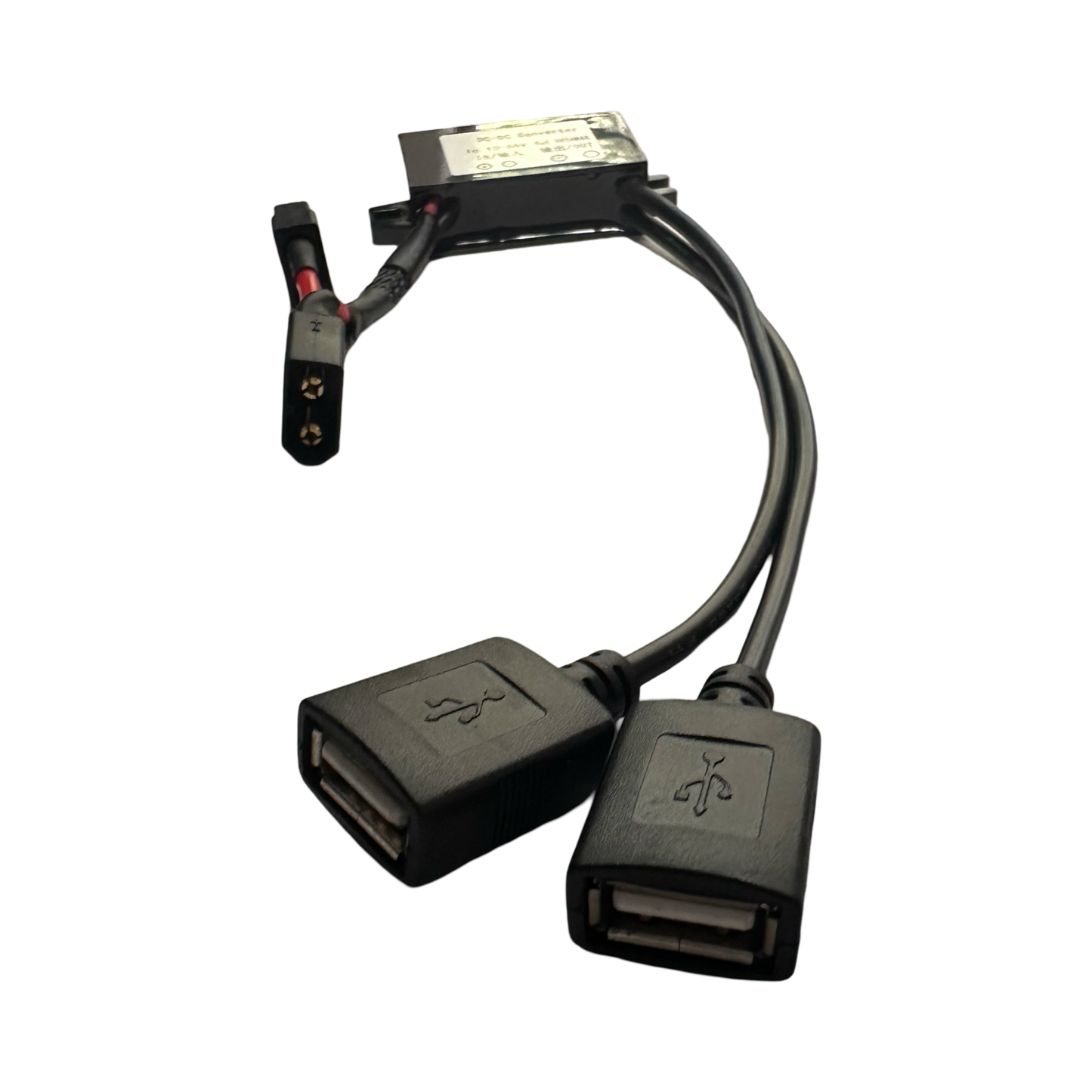 The ElectricAllWheel USB Accessory Adapter (DC-DC Converter, 10-55V to 5V 3A max) is a black dual USB female-to-male splitter cable with an XT60 connector and built-in module, shown isolated on a white background.
