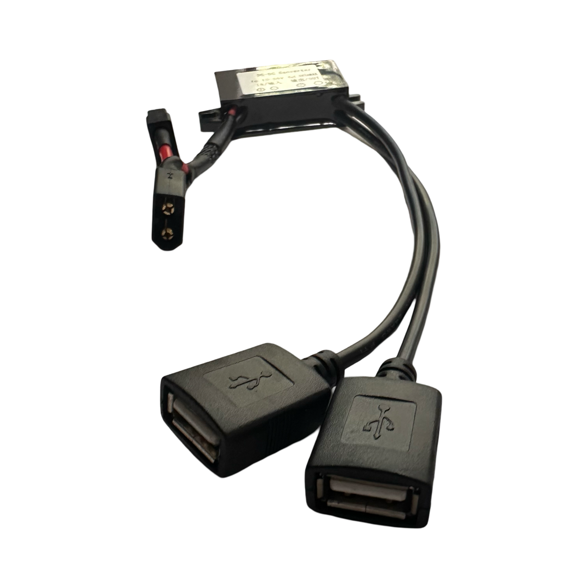 The ElectricAllWheel USB Accessory Adapter (DC-DC Converter, 10-55V to 5V 3A max) is a black dual USB female-to-male splitter cable with an XT60 connector and built-in module, shown isolated on a white background.