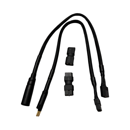 ElectricAllWheel YLS-M/F to XT60 M/F cables (black, braided) and two compact XT60 adapters, all shown on a white background.