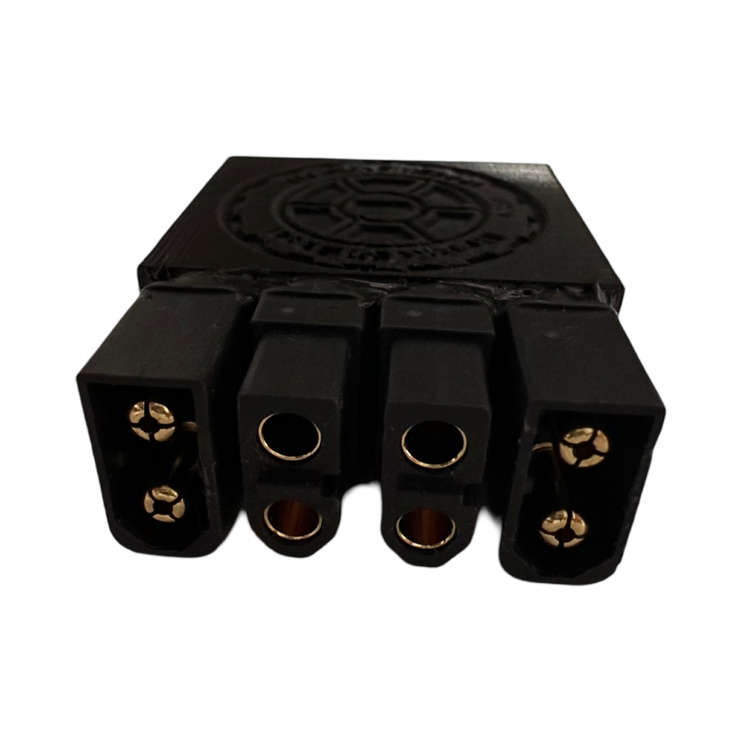 Close-up of the ElectricAllWheel DateX2 Dx2 30A (60A MAX) Universal Dual Battery Dual Output Discharge Balancer Kit connector with three gold contact sockets, compatible with Bullet, T-Plug, and XT60, shown against a white background.