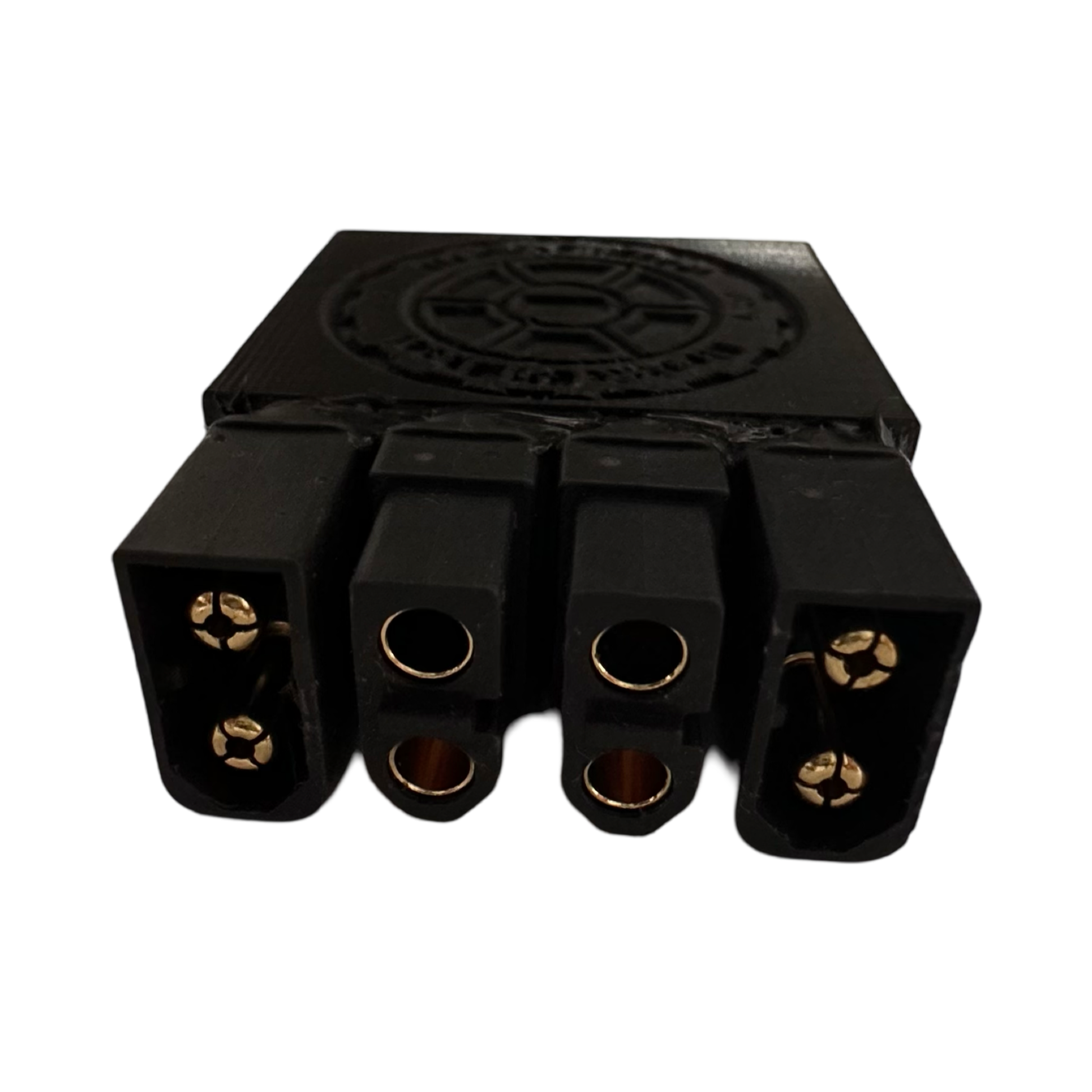 Close-up of the ElectricAllWheel DateX2 Dx2 30A (60A MAX) Universal Dual Battery Dual Output Discharge Balancer Kit connector with three gold contact sockets, compatible with Bullet, T-Plug, and XT60, shown against a white background.