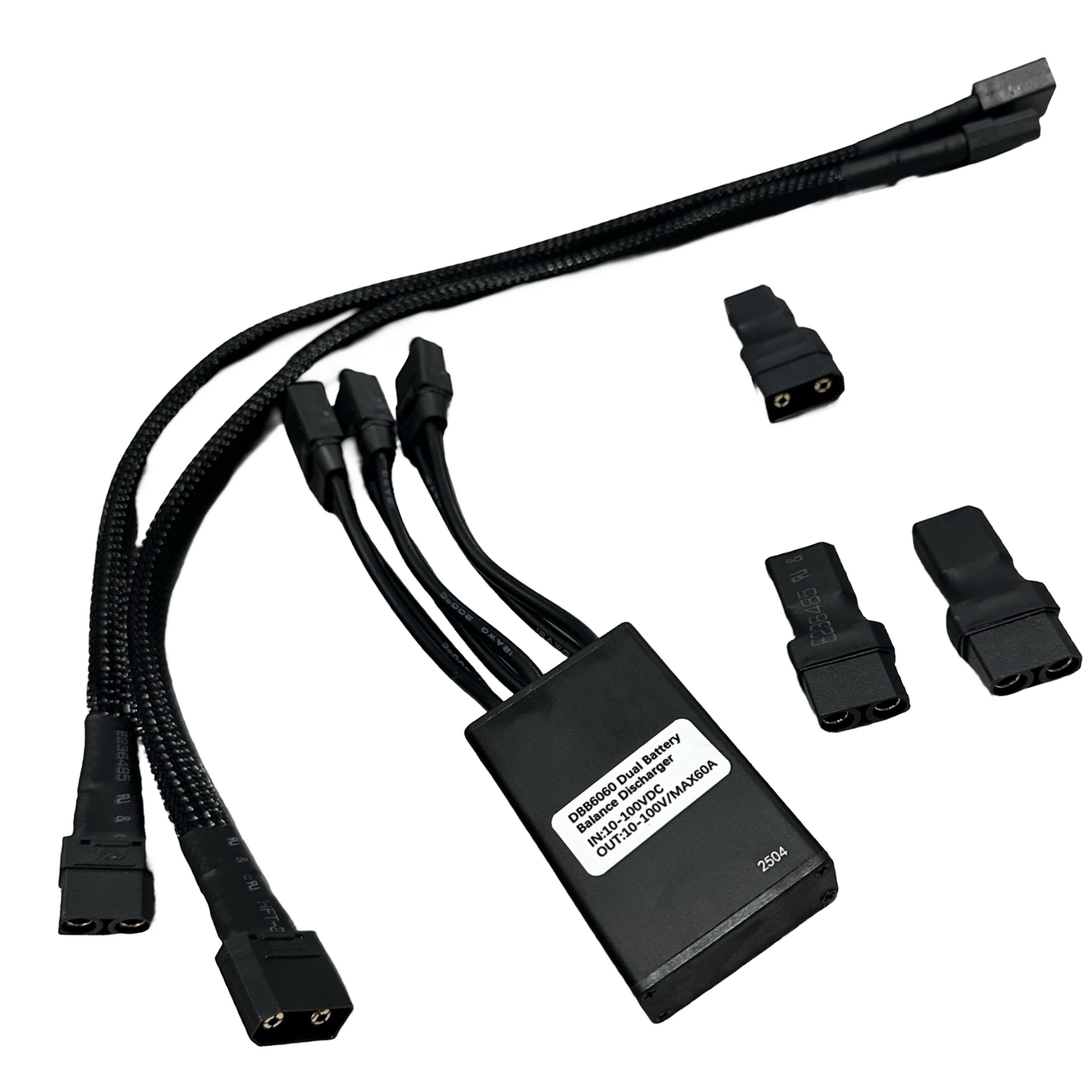 The ElectricAllWheel 60A Dual Battery Discharge Balancer Kit (12AWG, XT90 Connector, XT90-XT60 Adapters M/F) includes multiple cables and adapters on a white background—ideal for dual battery or e-bike range extender setups.