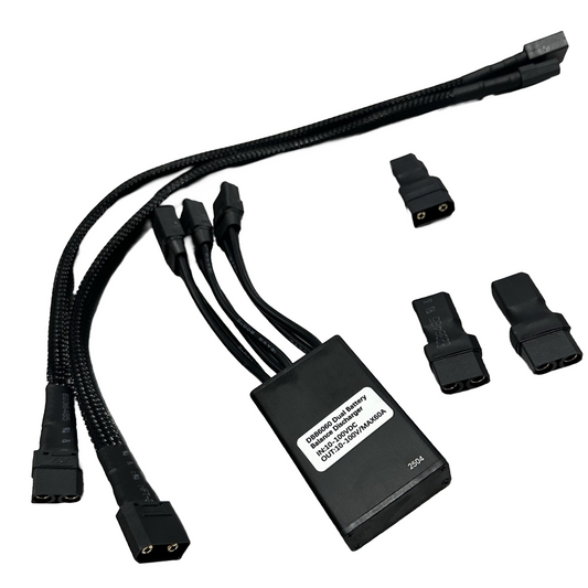 The ElectricAllWheel 60A Dual Battery Discharge Balancer Kit (12AWG, XT90 Connector, XT90-XT60 Adapters M/F) includes multiple cables and adapters on a white background—ideal for dual battery or e-bike range extender setups.
