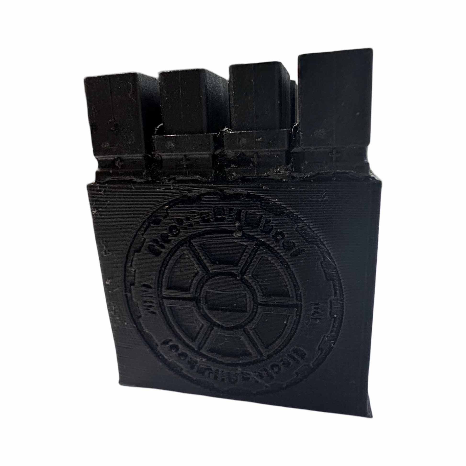 A black ElectricAllWheel DateX2 Dx4 (30A continuous, 60A max) 4x Input Dual 4x Output Battery Balancer features a circular emblem and four rectangular top protrusions, designed for e-bike battery kits, shown on a white background.