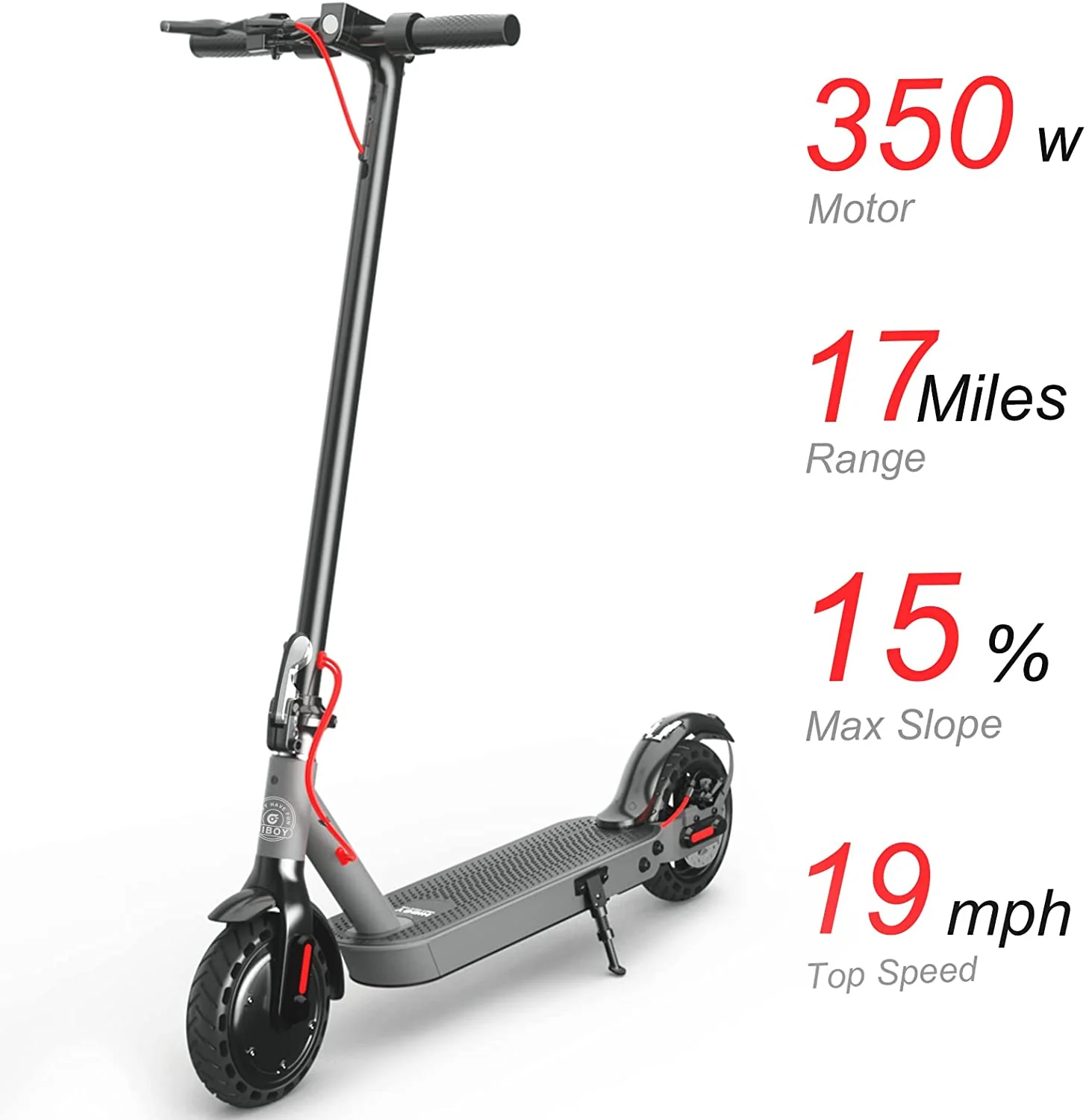 A black Hiboy S2 Electric Scooter is displayed with specifications in red text: a 350W high-performance motor, a 17-mile range, a 15% maximum slope, and a top speed of 19 mph. Ideal for daily commuting.