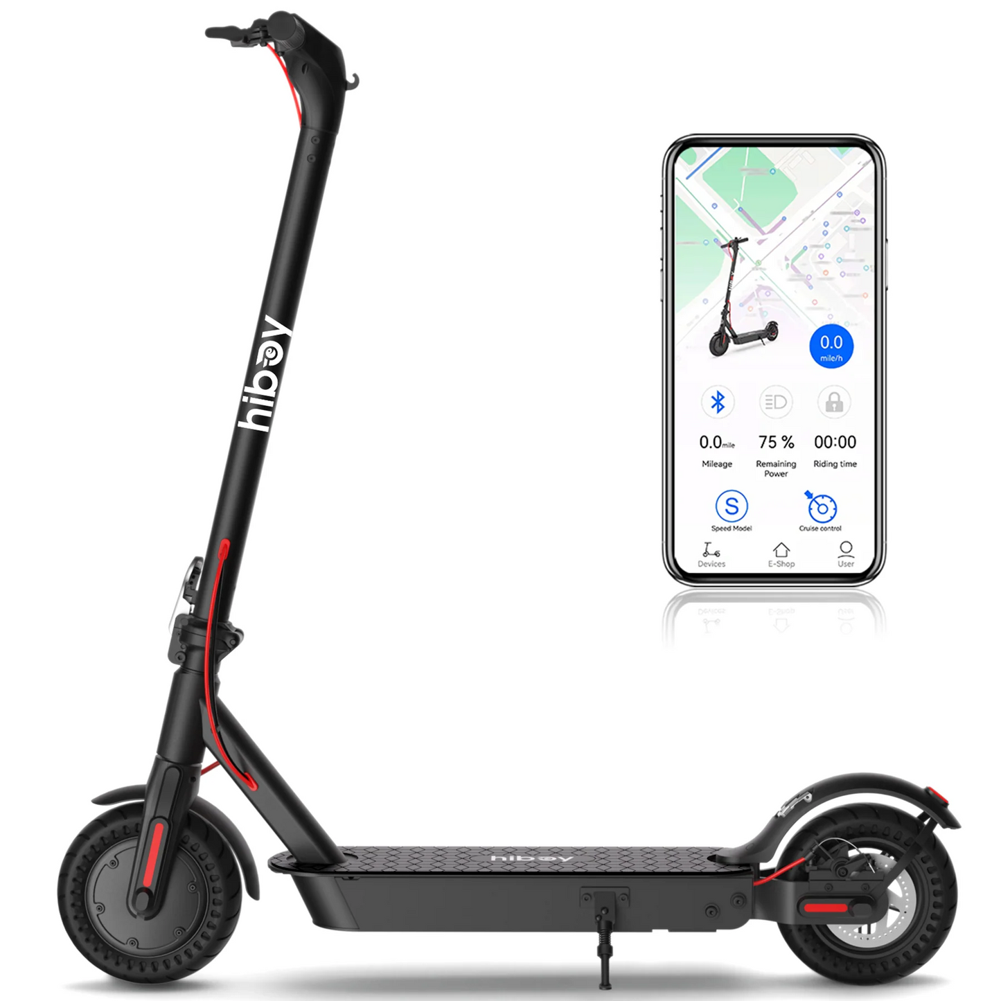 The image shows a Hiboy - KS4 Pro Electric Scooter in black, with a smartphone simultaneously displaying the scooter's digital interface. The display portrays details such as speed, battery percentage, distance traveled, and a map.