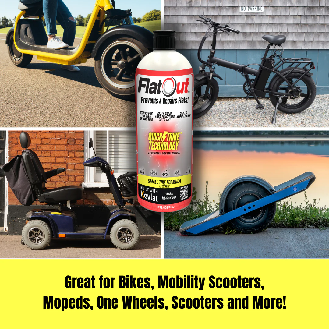 A can of FlatOut - QuickStrike Small Tire 16oz by Multi Seal is displayed alongside various mobility devices, such as a bike, electric scooter, mobility scooter, and electric unicycle. The caption reads: "Great for Bikes, Mobility Scooters, Mopeds, One Wheels, Scooters and More! Puncture repair with Kevlar fibers.